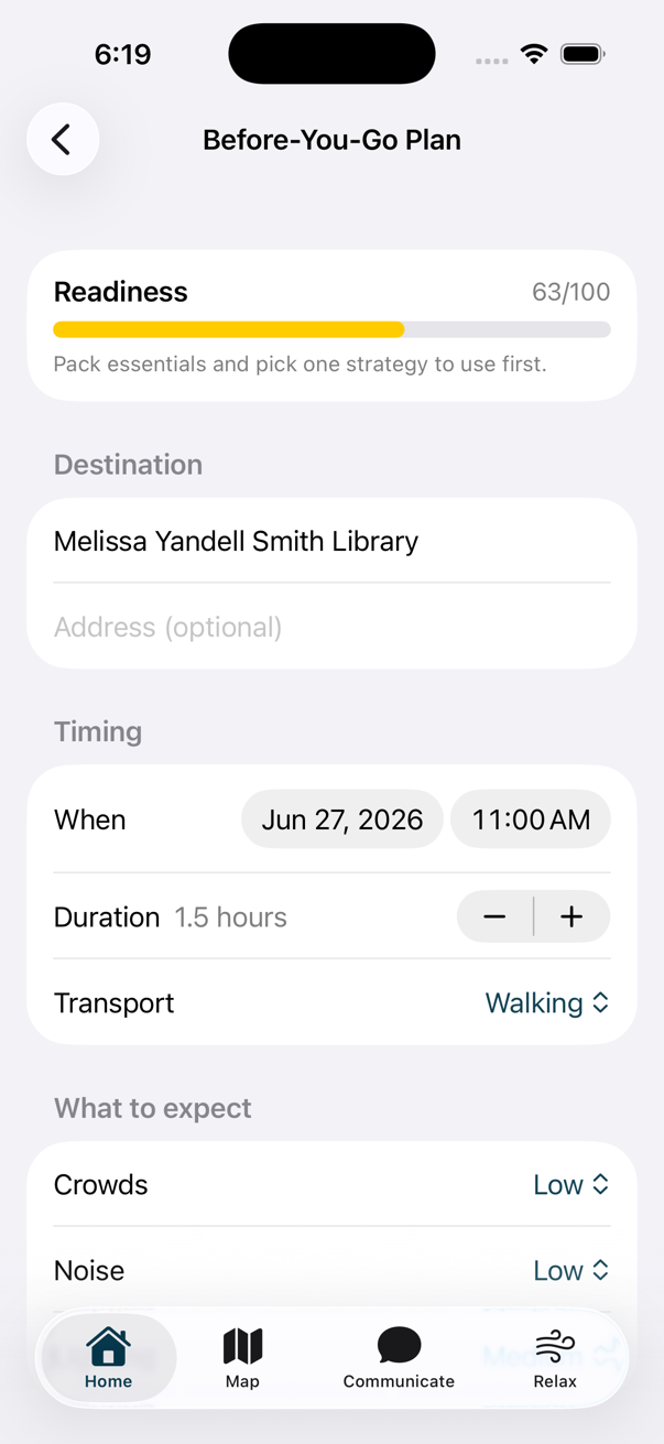 Before-You-Go Plan screen showing readiness, destination, timing, and sensory expectations.