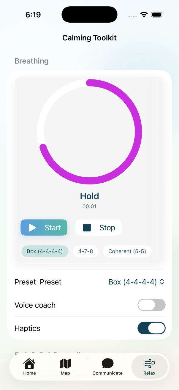 Calming Toolkit breathing screen with haptic breathing controls.