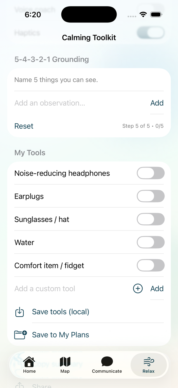 Calming Toolkit grounding screen with personal support tools.