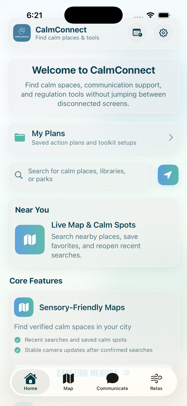 CalmConnect home screen with calm places, saved plans, and core features.