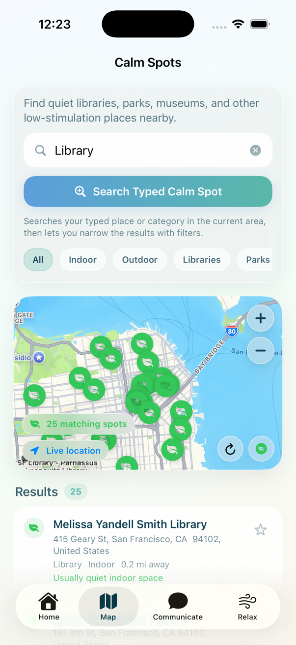 CalmConnect Calm Spots map screen showing nearby low-stimulation places and search results.